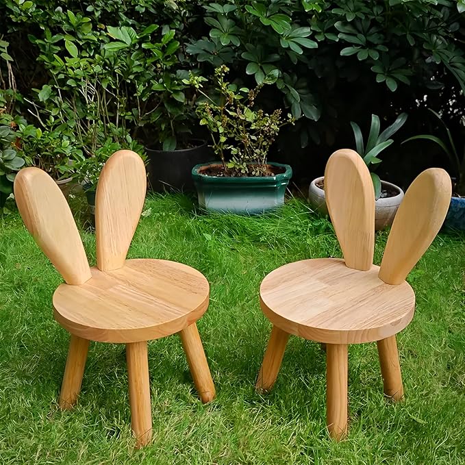 Solid Wood Rabbit Chair Cute Multi Functional Sturdy Rubber Wood Chair for Living Room Bedroom Playroom Easy Assembly Comfortable Safe Design (No Hair, Rabbit Stool)