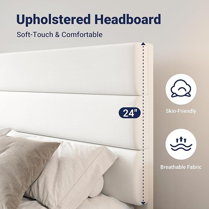 Allewie Modern King Size Platform Bed Frame with 4 Storage Drawers and Velvet Upholstered Headboard, Wooden Slats Support, Upholstered Mattress Foundation/No Box Spring Needed/Easy Assembly, White