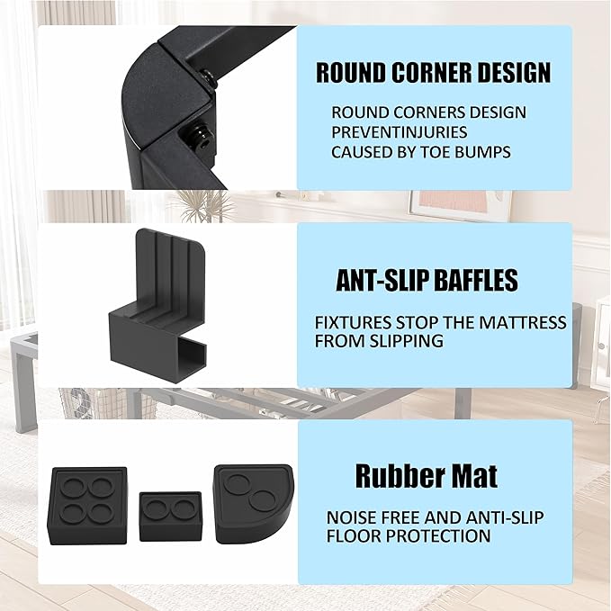 FUIOBYVV 10 Inch Full Bed Frame with Rounded Corner and Headboard Hole Mattress Retainers 3500 LBS Metal Heavy Duty Steel Slats Support No Box Spring Needed Platform Noise Free Easy Assembly