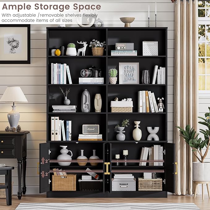 Black 6 Tier Bookshelf with Storage Set of 2, 71” Tall Farmhouse Bookcase with 8 Doors and Adjustable Shelves, Wooden Floor Standing Display Book Shelf Organizer for Home Office