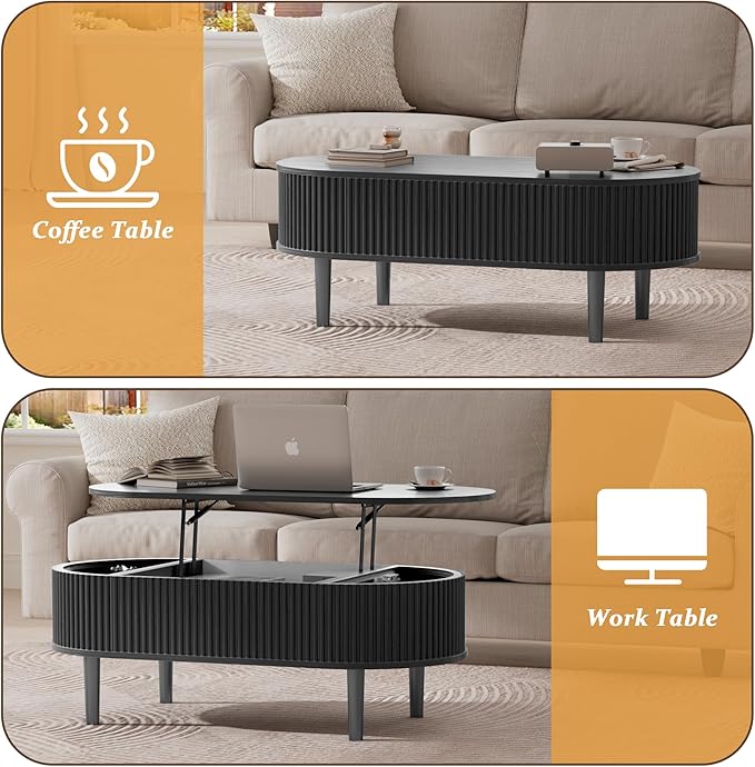 EAG Fluted Lift Top Coffee Table with Hidden Compartment, Modern Oval Coffee Table with Storage, Fully Wood Center Table for Living Room, Office, Black