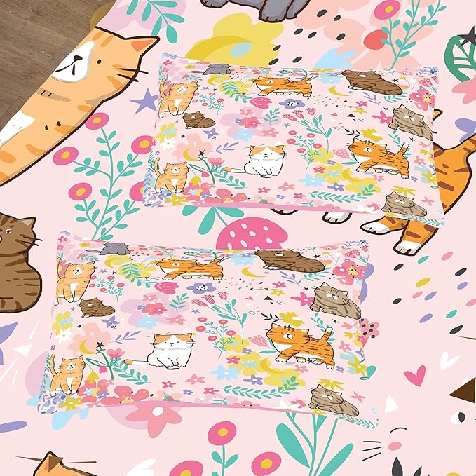 Tailor Shop Cat Girls Comforter Sets Full Size,Pink Cat Bedding Sets for Kids Teens with 2 Pillowcase…