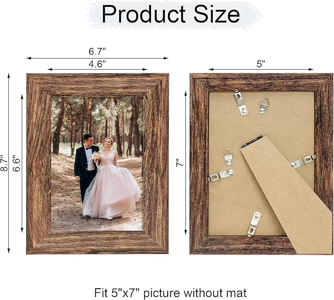 5x7 Picture Frame Set of 4, High Definition Glass Brown Frame, 5 x 7 Wood Rustic Picture Frames for Horizontal or Vertical Table Top and Wall Mounting