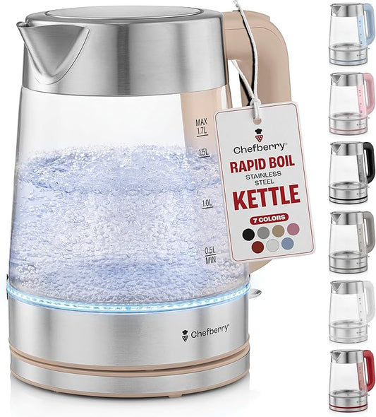 Electric Kettle for Boiling Hot Tea & Water | 1.8L Stainless Steel Borosilicate Glass Boiler With No Plastic, Automatic Shutoff, BPA Free, Fast Heating Technology (Cream)