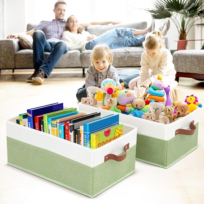 3 Pack Large Capacity Storage Bins Closet Organizer for Shelves, Fabric Closet Storage Baskets Boxes with Leather Handles for Organizing Clothes, Sheets, Jeans, Toys, Books (Green)