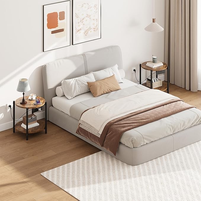 LIKIMIO Small Round End Tables Set of 2 with Charging Station, 2-Tier Wooden Side Tables, 15.8" W Modern Nightstands for Small Spaces, Living Room, Bedroom, Rustic Brown