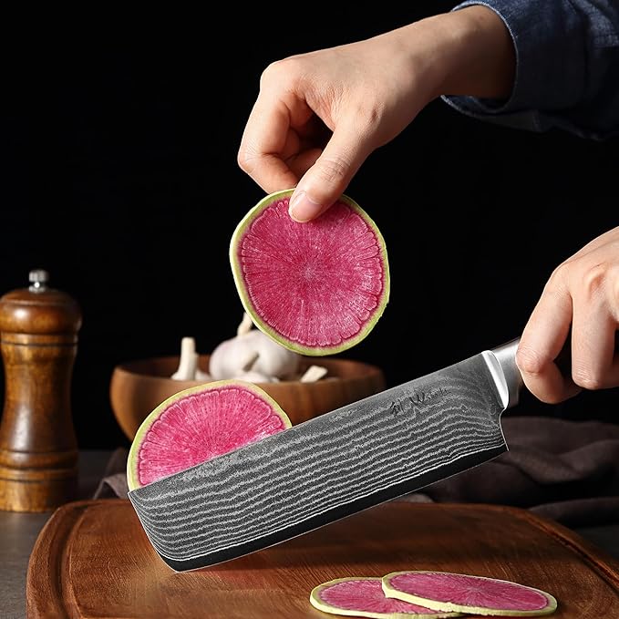 Wakoli Damascus Nakiri & Chef Knife 7-inch - 67-Layer VG10 Core Steel, Razor Sharp Japanese Vegetable Knife with Pakkawood Handle, for Precision Chopping, Slicing & Cuisine - Gift Box (EDIB)