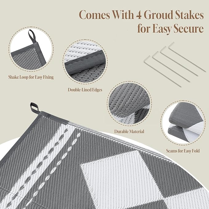 OMERAI Reversible Waterproof Outdoor Rug for Backyard,Plastic Textured Resistant Outdoors Rugs,Portable Washable Easy Cleaning Foldable Camping Beach Carpet for Patio Courtyard, 8'x10' Gray & White