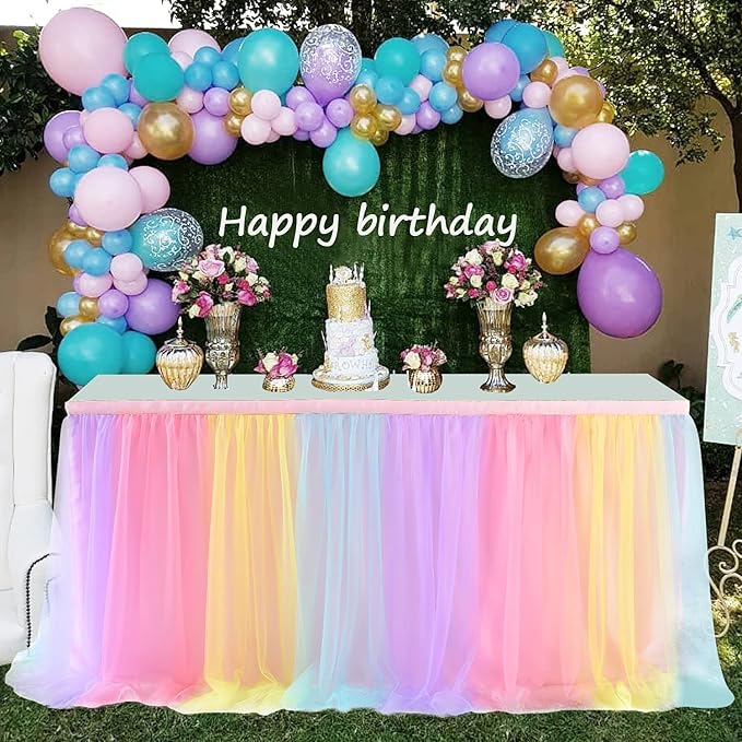 Suppromo 2 Pack 6ft Rainbow Table Skirt for Birthday Party Tulle Tutu Table Skirt for Baby Shower Girl Boy Gender Reveal Rainbow Tablecloth for Unicorn Party Decorations