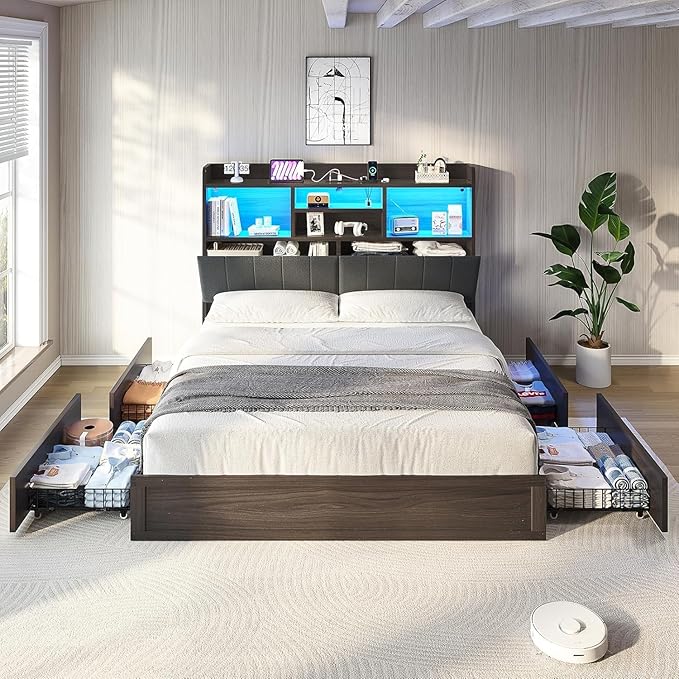 Queen Farmhouse Bed Frame with Bookcase Headboard and 4 Drawers, LED Storage Bed with Charging Station & Linen Upholstered, No Box Spring Needed,Black