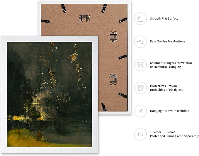 Poster Master Vintage Nocturne in Black and Gold Painting Poster - Retro The Falling Rocket Print - Abstract Art - Moody Art - Landscape Art - Office or Living Room Decor, 11x14 White Framed