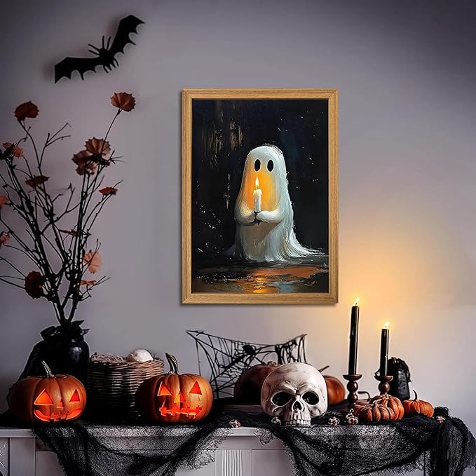 Framed Vintage Halloween Ghost Wall Art - Spooky Candle Ghost Fall Texture Pictures Wall Decor for Living Room, Kids Room, Halloween Bedroom or Party 12x16 inch