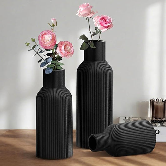 Black Ceramic Vases Set of 3, Black Ribbed Decorative Vases - Table Centerpieces for Wedding, Living Room, Office & Shelf Decor