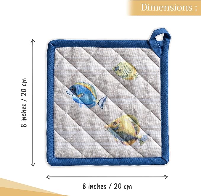 Maison d' Hermine Pot Holders 100% Cotton Heat Resistant Potholders 8" x 8" Hot Pads with Loop BBQ, Cooking, Baking, Grilling, Kitchen, Handling Hot Pans Spring/Summer (Pack of 1, Poisson)