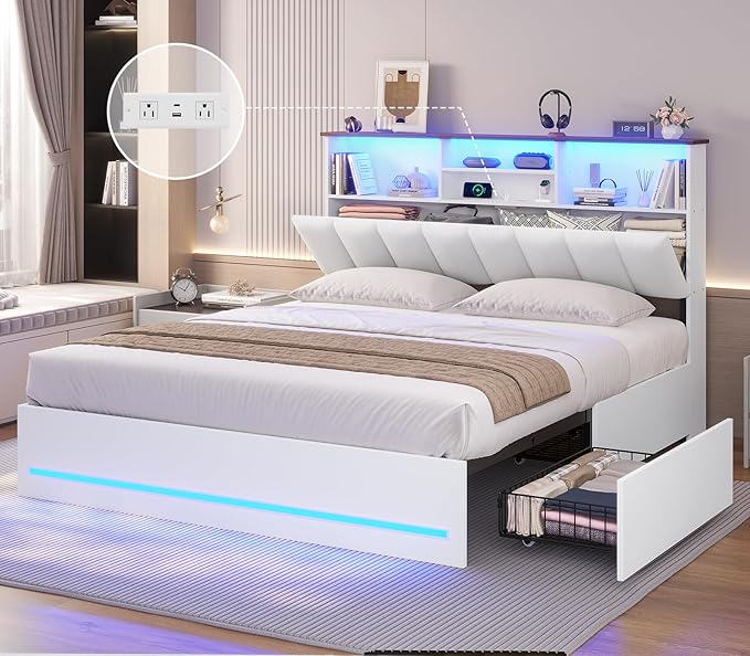 AOGLLATI Full Bed Frame with Stylish Bookcase Headboard & Charging Station & LED Lights,Full Size Bed Frame with 4 Storage Drawers, Metal Slats, No Box Spring Needed,White