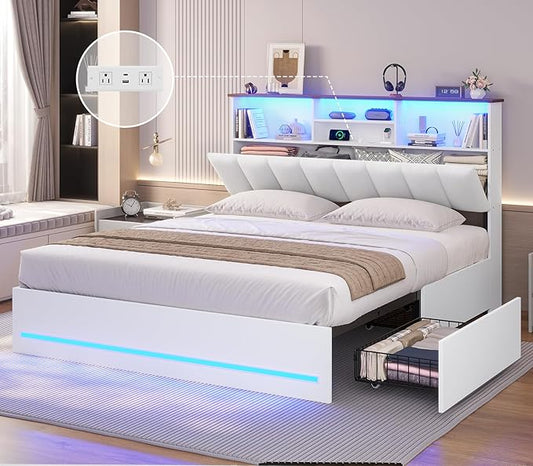 AOGLLATI Queen Bed Frame with Stylish Bookcase Headboard & Charging Station & LED Lights,Queen Size Bed Frame with 4 Drawers, Metal Slats, No Box Spring Needed,White