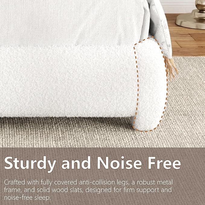 Queen Bed Frame with Headboard Adjustable, Boucle Upholstered Platform Bed Frame Queen Size, Anti-Collision Soft Rounded Corners, No Box Spring Needed, Noise-Free, Easy Assembly, White