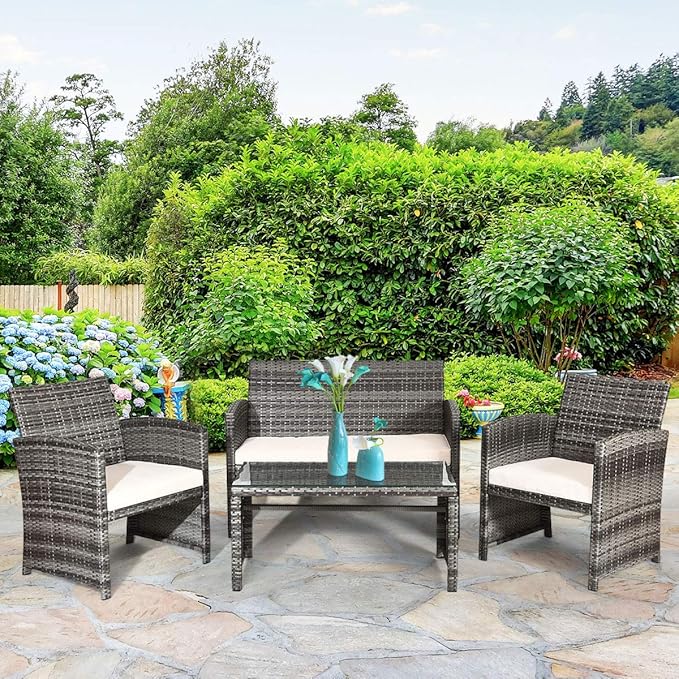 Tangkula 4 PCS Wicker Patio Conversation Set, Outdoor Rattan Sofas with Table Set, Patio Furniture Set with Soft Cushions & Tempered Glass Coffee Table for Poolside Balcony