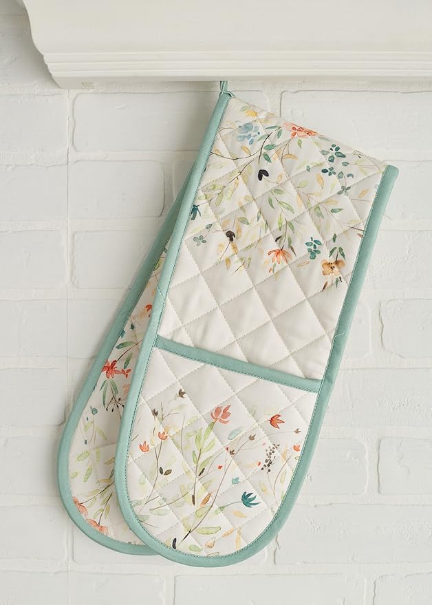 Maison d' Hermine Double Oven Mitts 100% Cotton 7"x35" Double Oven Mitt Heat Resistant BBQ Cooking Gloves with Loop, Baking, Grilling, Home, Kitchen, Handling Hot Pans Spring Summer (Colmar)