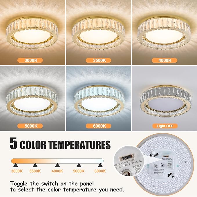15 Inch Dimmable LED Crystal Flush Mount Ceiling Light,Modern Gold 36W 5CCT 3000K-6000K Chandelier Large Round Lighting Fixtures for Bedroom,Living Room,Laundry Room,Dining Room