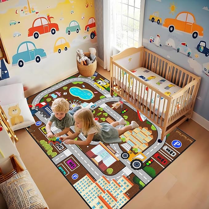 Car Rugs for Kids Toy Cars - City Life Road Rug for Playroom Car Track Rug Car Carpet for Kids Boys Girls Living Room Bedroom Classroom, 4'5''×6'