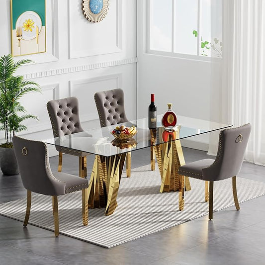 Goujxcy Modern 5 Piece Glass Dining Table Set Luxury Glass Kitchen Table and Chair Set for 4, 70" Large Rectangular Dining Room Table with 4 Tufted Chairs and Stainless Steel Legs (Gold & Grey)
