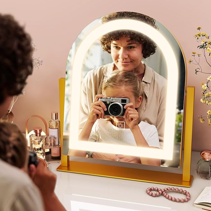 FENNIO Large Vanity Mirror with Lights - 15.5"x13" LED Lighted Makeup Mirror with Lights, 10X Magnification, Touch Screen with 3-Color Lighting, Dimmable, for Vanity Desk Tabletop, Bedroom（Gold）