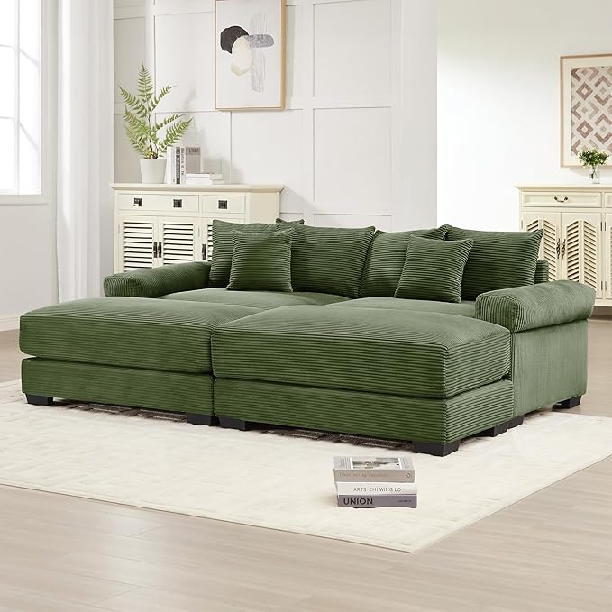 KEIKI 83" Oversized Corduroy Modular Sectional Loveseat Sofa with 2 Ottoman, High-Density Foam Cushion, Extra-Thick Armrest, Modern 2-Seater Fluffy Corner Couch with 6 Pillow, for Living Room, Green