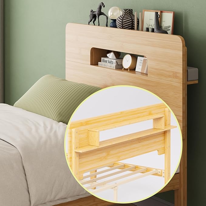 ZIYOO Solid Bamboo Wood Twin XL Bed Frame with Storage Headboard, 14 inch Platform Twin XL Bed Frames No Box Spring Needed with Steel Slats, Sturdy and Stable, Easy Assembly, Noise Free