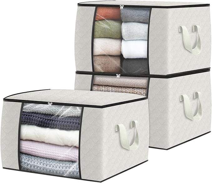 Fab totes 3 Pack Clothes Storage, Foldable Thick Fabric Blanket Storage Bags, Containers for Organizing Bedroom, Closet, Clothing, Comforter,Organization with Handle,Ivory White