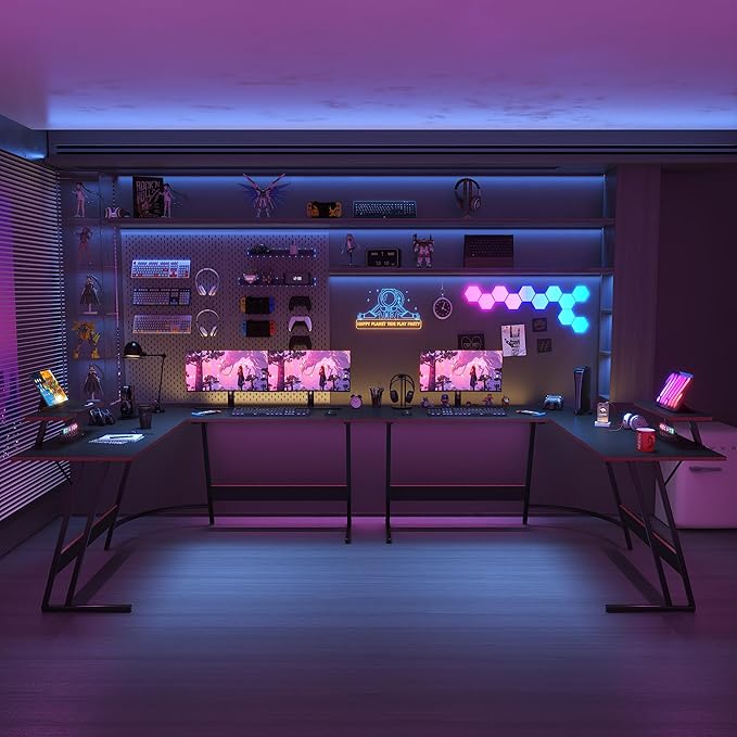 Homall L Shaped Gaming Desk Computer Corner Desk PC Gaming Desk Table with Large Monitor Riser Stand for Home Office Sturdy Writing Workstation (Black, 66 Inch)