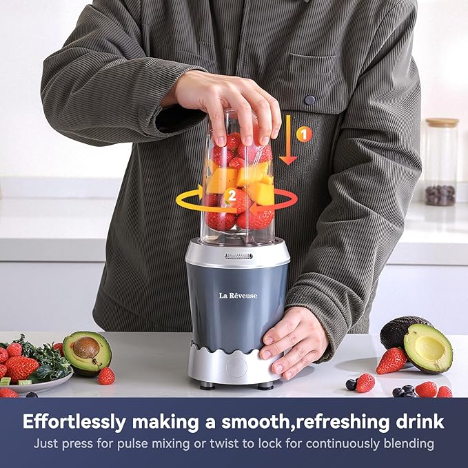 La Reveuse Personal Size Smoothie Blender Pro, 1000W High Speed with 24oz To-Go Cup, Ideal for Smoothies,Protein Shakes, Frozen Drinks, Food Prep, Gray