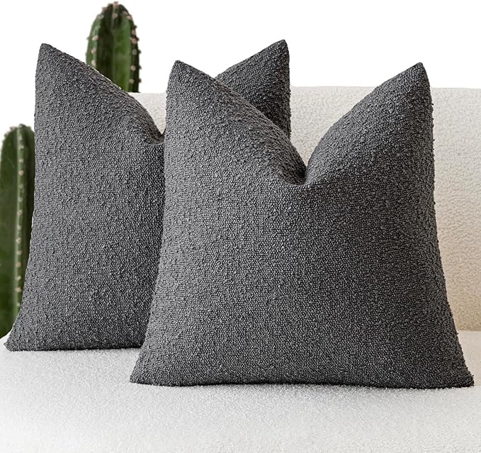 Foindtower Set of 2, Decorative Textured Boucle Throw Pillow Covers Accent Solid Pillow Cases Neutral Soft Cozy Couch Cushion Case for Chair Sofa Bedroom Living Room Home Decor 16 x 16 Inch Dark Grey
