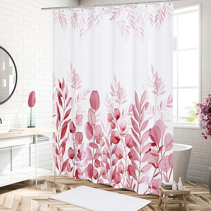 MitoVilla Pink Eucalyptus Shower Curtain, Plant Leaves Vintage Fabric Shower Curtains for Rustic Bathroom Decor, Chic Modern Botanical Shower Curtain, 72x72