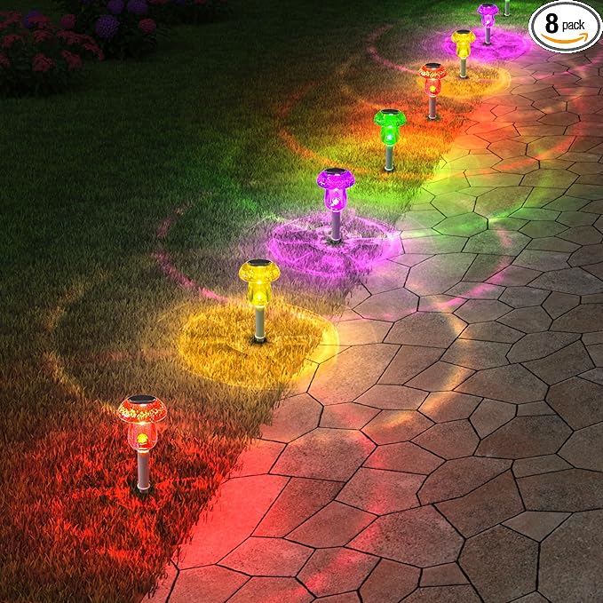 Solar Outdoor Lights, 8 Pack Waterproof Solar Mushroom Lights for Garden Yard Pathway Path Walkway Driveway Lawn Landscape Outside Decor, Yellow Green Purple Red