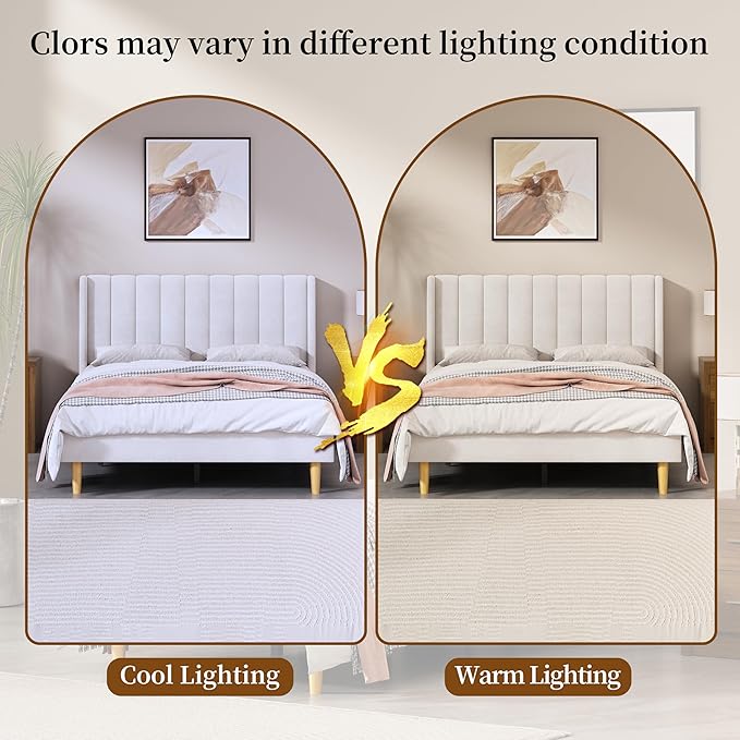 Full Size Upholstered Platform Bed Frame with Modern Wingback & Vertical Panel Headboard, Velvet Fabric, Wooden Legs & Slats Support, No Box Spring Needed, Noise-Free & Easy Assembly, Cream