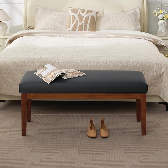 43.5'' Faux Leather Bedroom Bench, Upholstered End of Bed Bench, Padded Vintage Dining Bench, Entryway Bench with Solid Wood Legs, Kitchen, Living Room, Hallway, Black
