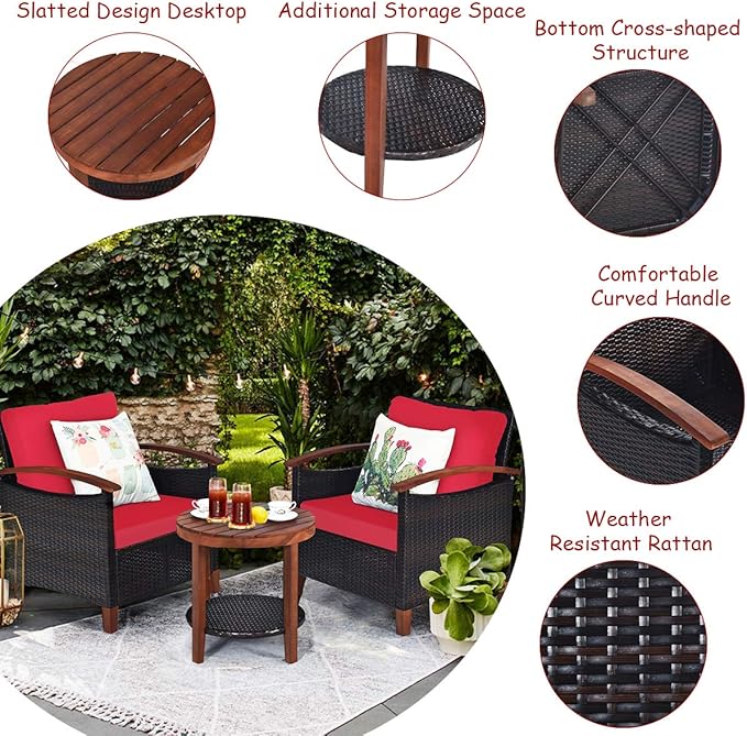 Tangkula 3 Pieces Patio Furniture Set, Outdoor Rattan Sofa and Side Table w/Solid Acacia Wood Frame, High Load Bearing Conversation Bistro Set w/Washable and Removable Cushions (Red)