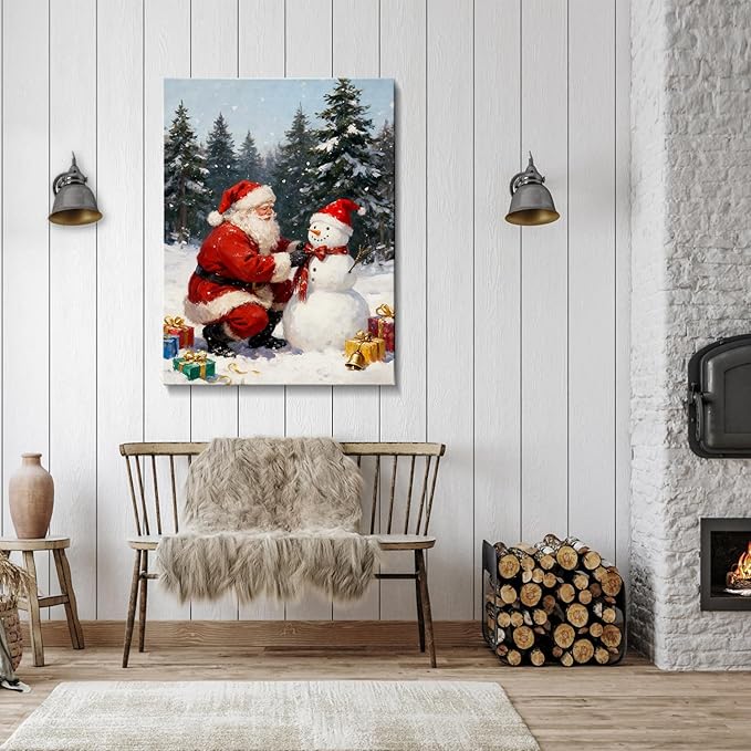 Vintage Santa Claus with Snowman Christmas Canvas Wall Art - Rustic Winter Scene Framed Print for Livingroom & Bedroom, Cozy Farmhouse Christmas Wall Art, Unique Christmas Gifts & Festive Decorations