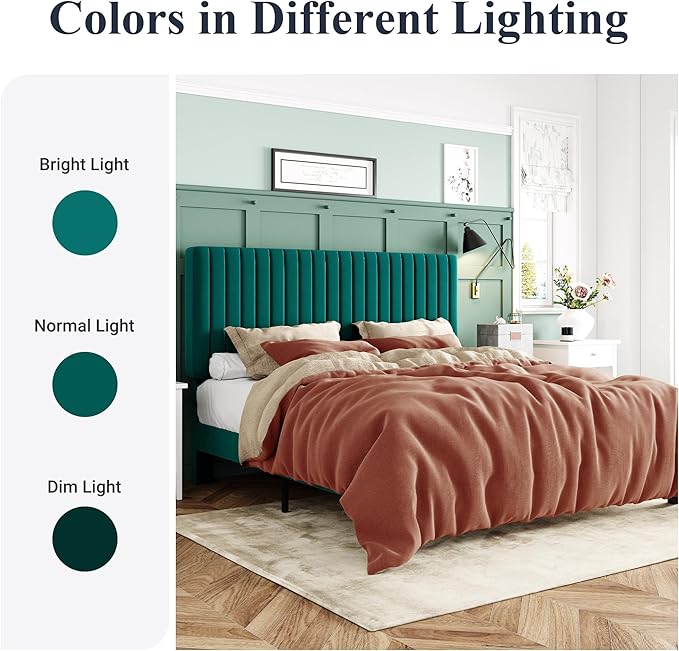 Allewie King Bed Frame, Velvet Upholstered Platform Bed with Adjustable Vertical Channel Tufted Headboard, Mattress Foundation with Strong Wooden Slats, Box Spring Optional, Easy Assembly, Teal