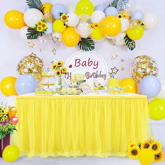 Suppromo Yellow Table Skirts for Rectangle Tables or Round Tables 6ft Ruffle Tulle Tutu Tablecloth for Sunflower Birthday Party Girls Lemonade Baby Shower Wedding Cake Dessert Table Decorations