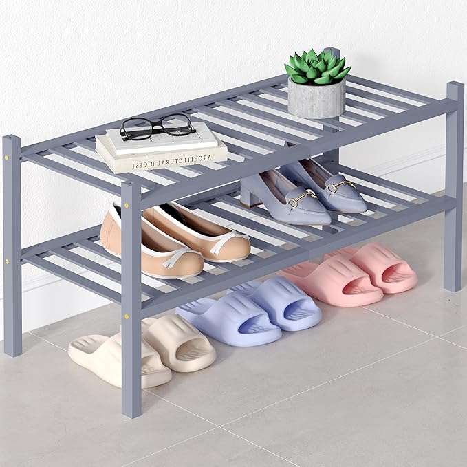 Smiry Bamboo Shoe Rack for Closet, 2 Tier Wooden Stackable Shoe Organizer, Free Standing Shoes Storage Shelf for Entryway, Front Door Entrance, Grey