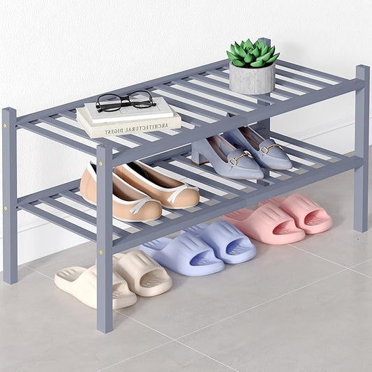 Smiry Bamboo Shoe Rack for Closet, 2 Tier Wooden Stackable Shoe Organizer, Free Standing Shoes Storage Shelf for Entryway, Front Door Entrance, Grey