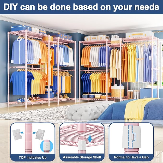 Ulif E12 Clothes Rack，Heavy Duty Freestanding Garment Rack with Shelves，Metal Clothing Closet Storage System for Hanging Clothes，71" W x 16" D x 76.5" H, Hold 960 lbs，Pink