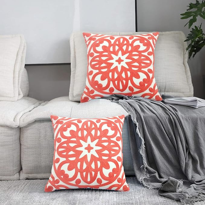 Alysheer Embroidered Decorative Throw Pillow Covers 18"x18" Set of 2pcs, Classic Boho Mandala Knit Pattern Cotton Canvas Cozy Cushion Cases for Sofa Couch Living Room (Coral Peach)