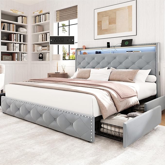 LARMACE King Size Bed Frame Velvet Upholstered LED Tufted King Platform Bed and Headboard with 4 Storage Drawers&USB Type-C Charging Station,No Box Spring Need/Noise Free,Easy Assembly,Bluish Grey