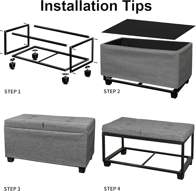 LITZFUE Metal Storage Ottoman Bench with Flipping Lid, 30 Inches Shoe Bench with Legs, Linen Footrest, Storage Chest for Living Room, Bedroom, Entryway, Dark Gray