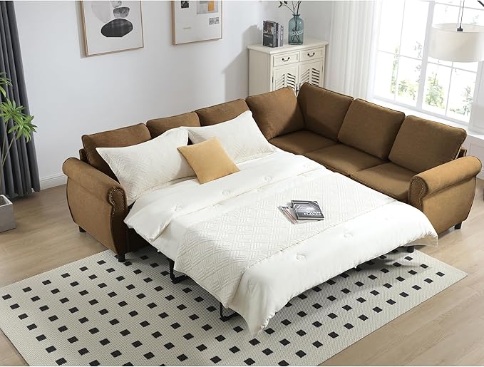 Ball & Cast 104" Sleeper Sofa Bed, L Shaped 6 Seater Sectional Sofa Couch with Pull Out Bed, 2 in 1 Pull Out Couch for Living Room, Office, Apartment,Brown