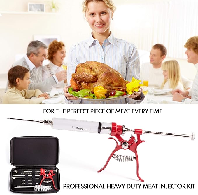 Meat Injector Marinade Gun Stainless Steel Outdoor Kit Flavor Food Syringes & 4 Marinades Needles for BBQ Grill Smoker Injectors Professional Syringe Held Culinary Barbecue Tool