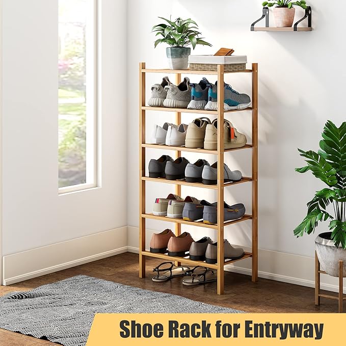 6-Tier Small Shoe Rack for Entryway, Stackable | Heavy Duty | Multi-Function, Bamboo Free Standing Shoe Racks for Bedroom Hallway Closet